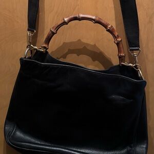 Gucci Black Fabric & Leather Bamboo GG Handbag Medium 2 Way Shoulder Tote Bag